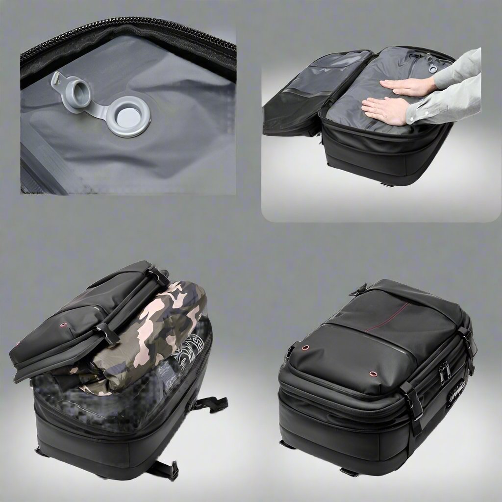 Backpack showing its compression vacuum technology