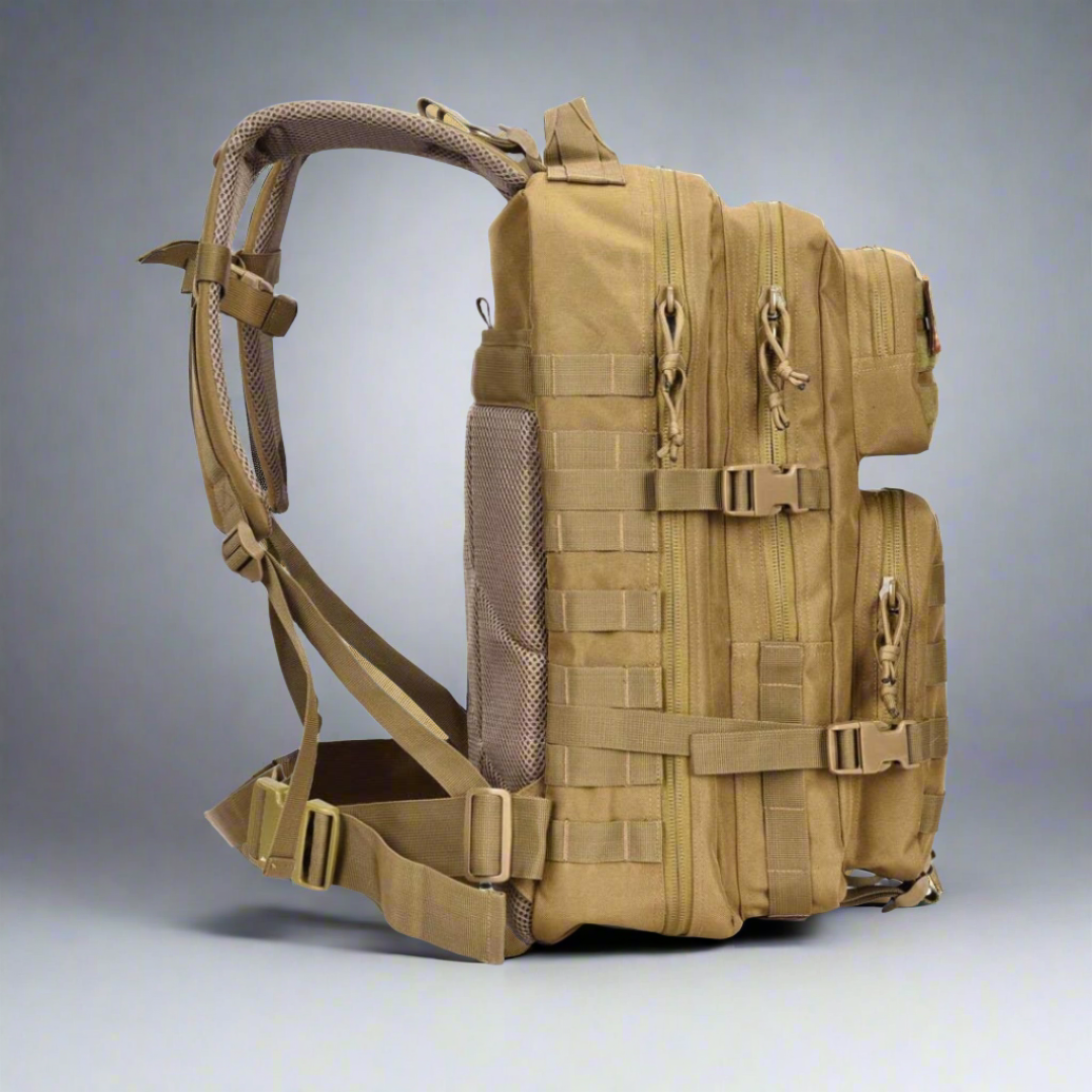 side view of journey military style backpack