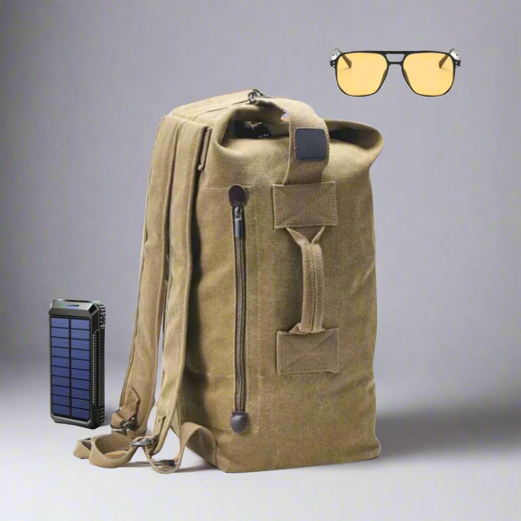 Sahara Scout Kit featuring Scout Canvas Backpack, Survivor Solar Charger, and Urban Army Sunglasses.