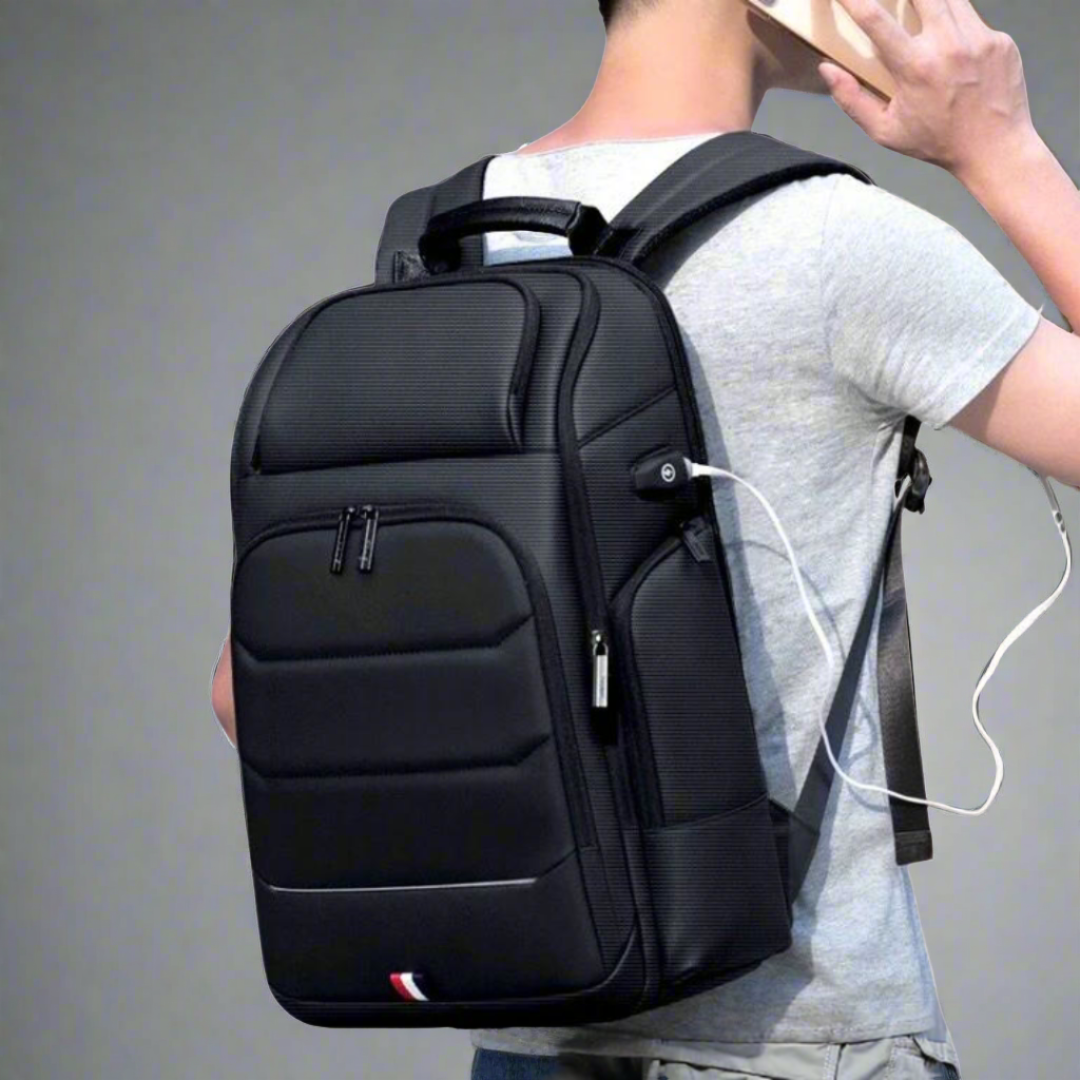 a traveler wearing NightRunner Backpack